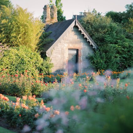 Charming stone cottage surrounded by lush gardens and blooming flowers at sunrise, creating a serene hotel retreat.