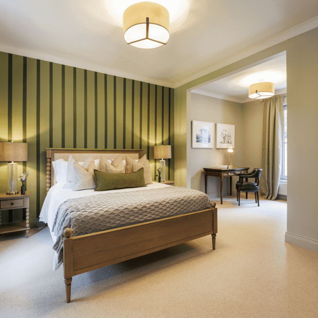 Spacious hotel room with elegant decor, king-size bed, cosy lighting, desk with chair, and scenic window view.