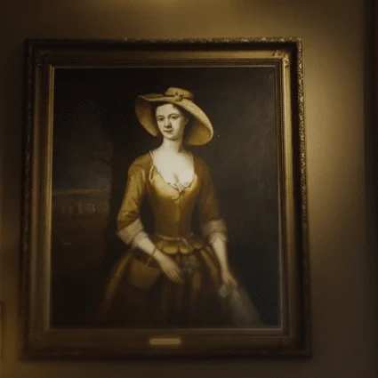 A portrait of a woman in period dress hangs elegantly on the wall of Dromoland Castle, illuminated by soft, warm lighting. The historic setting exudes an air of sophistication and heritage, characteristic of this luxury castle hotel in County Clare, Ireland.