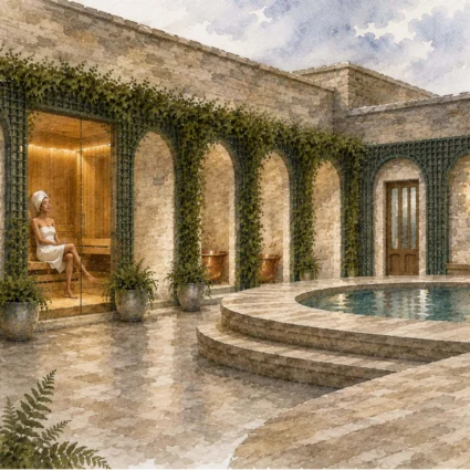 A guest relaxes in a luxurious stone courtyard spa at Dromoland Castle, featuring elegant ivy-clad archways and a tranquil pool, County Clare.