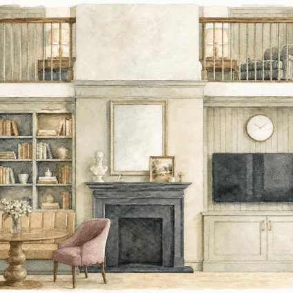 Guests relax in an elegantly furnished sitting room at Dromoland Castle, featuring a cosy fireplace, a clock, and a library with classic books.