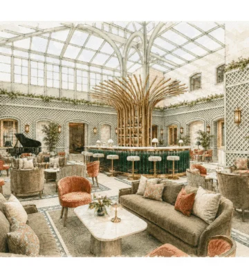 Guests relax in the luxurious conservatory of Dromoland Castle, featuring elegant seating, a grand piano, and a sophisticated bar in a sunlit setting.