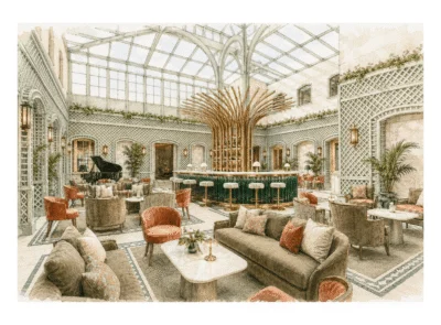 Guests relax in lavish seating at Dromoland Castle's elegant atrium bar, surrounded by intricate latticework and abundant natural light, Dromoland, Newmarket on Fergus, Co. Clare, Ireland.
